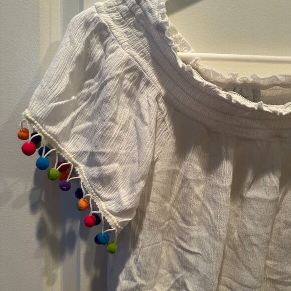New York & Company White Loose Fit Blouse with Colorful Circles Tassels Size S - Picture 2 of 9
